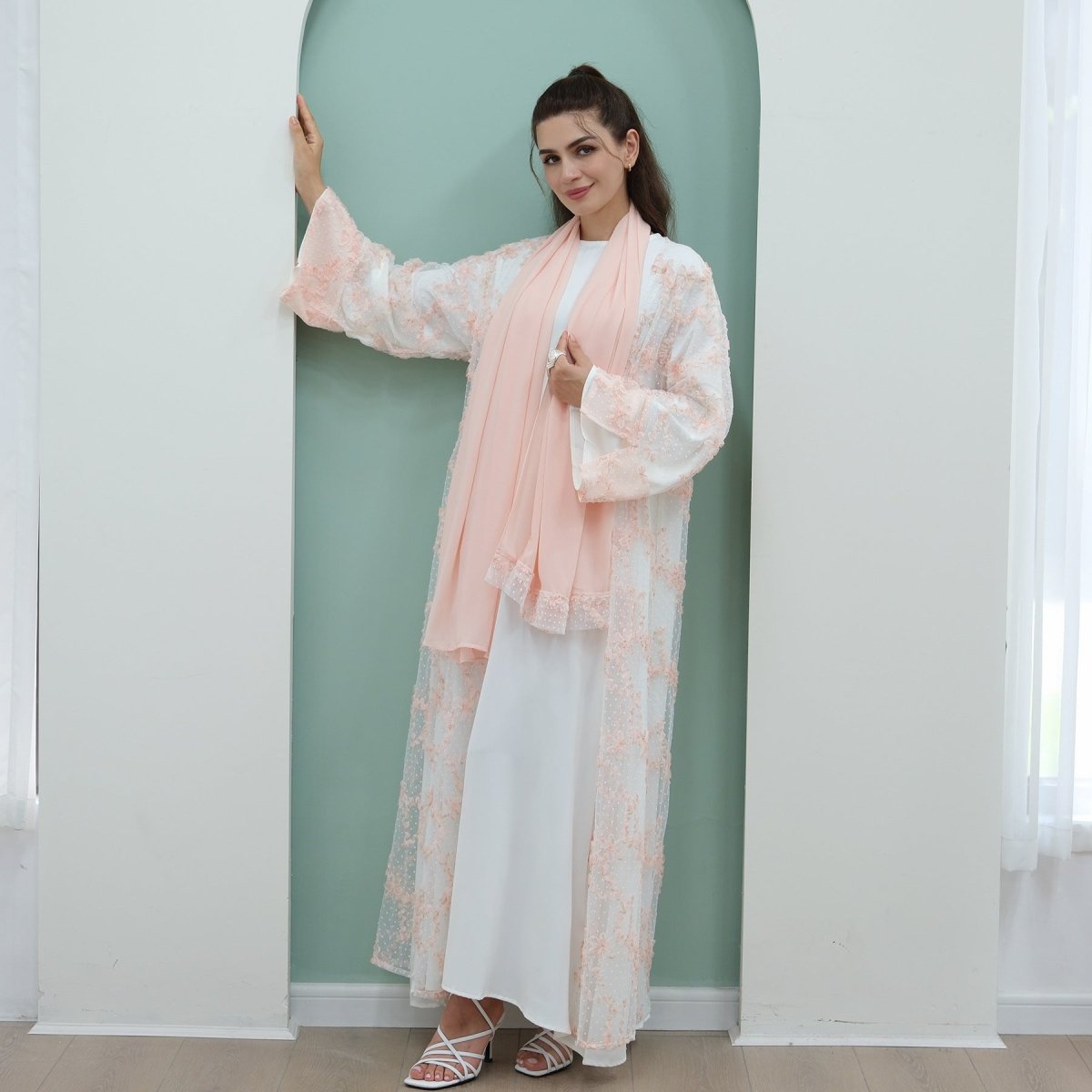 3D Floral Mesh Open Abaya(MOA288) - Mariam's Collection