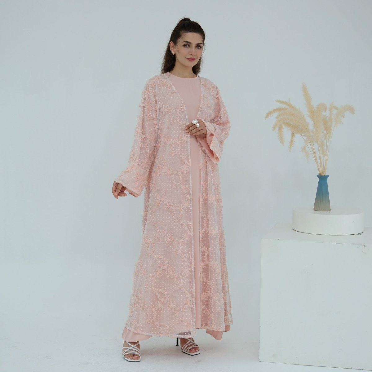 3D Floral Mesh Open Abaya(MOA288) - Mariam's Collection