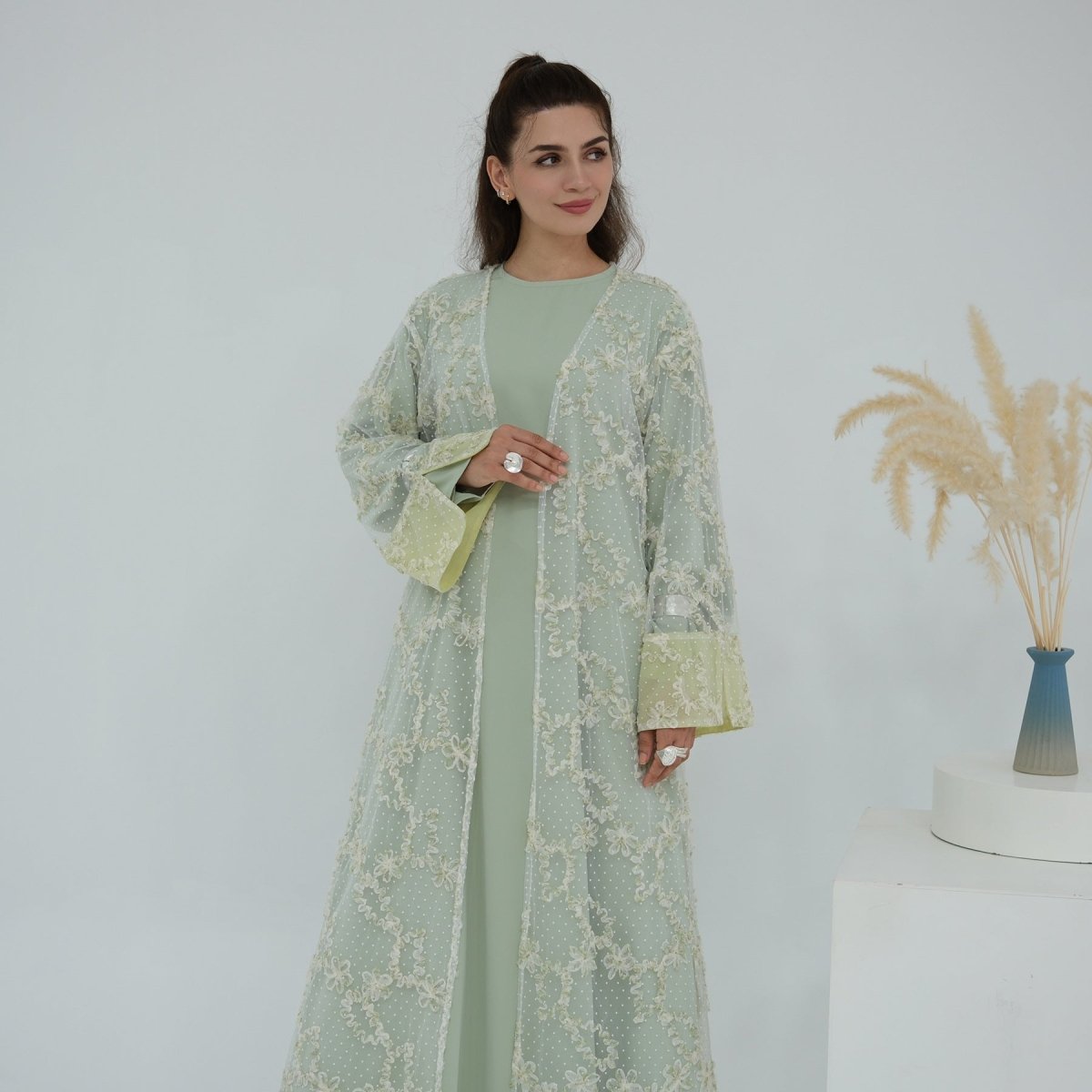 3D Floral Mesh Open Abaya(MOA288) - Mariam's Collection