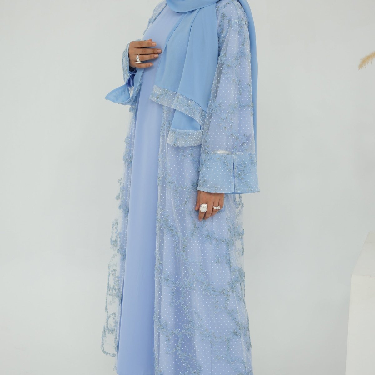 3D Floral Mesh Open Abaya(MOA288) - Mariam's Collection