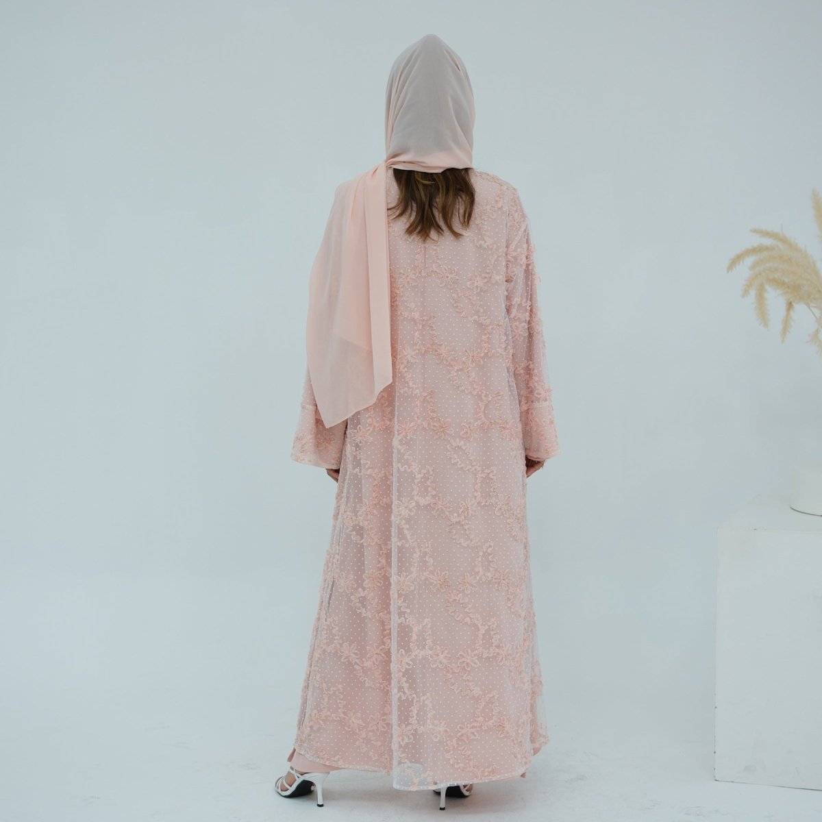 3D Floral Mesh Open Abaya(MOA288) - Mariam's Collection