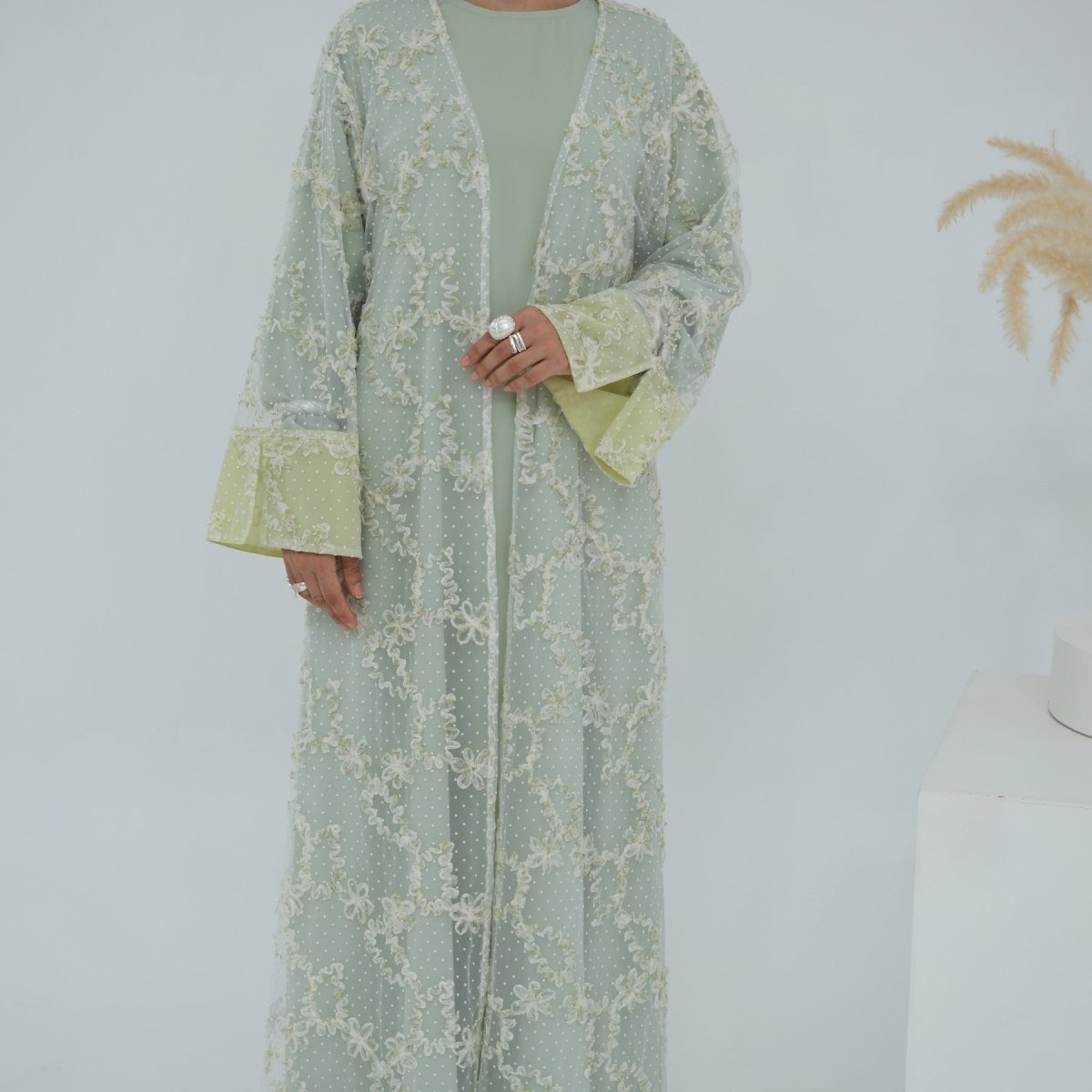3D Floral Mesh Open Abaya(MOA288) - Mariam's Collection