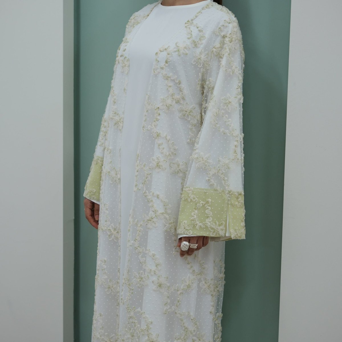 3D Floral Mesh Open Abaya(MOA288) - Mariam's Collection
