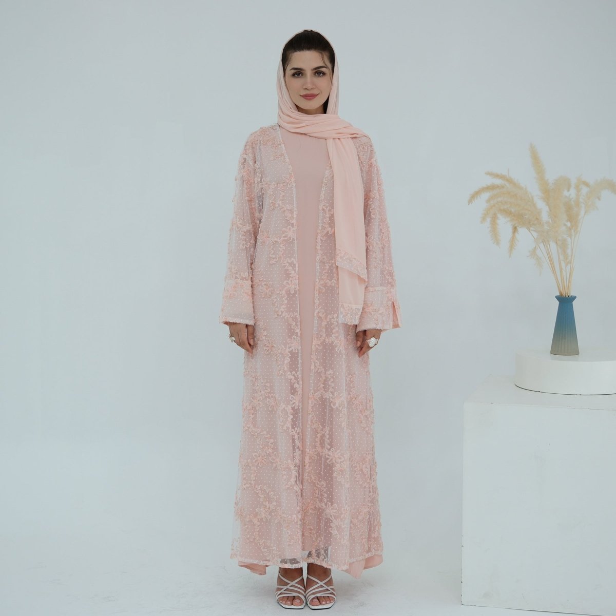 3D Floral Mesh Open Abaya(MOA288) - Mariam's Collection