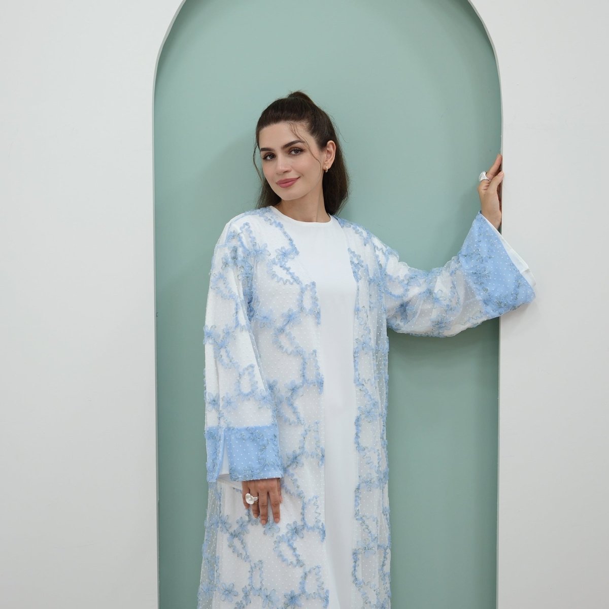 3D Floral Mesh Open Abaya(MOA288) - Mariam's Collection
