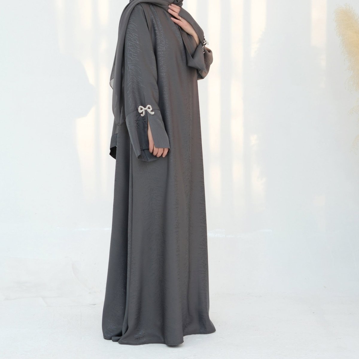 3D Jacquard Bow Abaya & Hijab Set | Butterfly Sleeve Brocade Dress(MA352) - Mariam's Collection