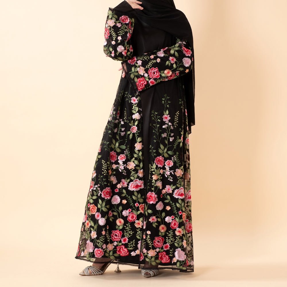 3D - Style Rose Garden Embroidered Open Abaya | Pre Order (MOA275) - Mariam's Collection