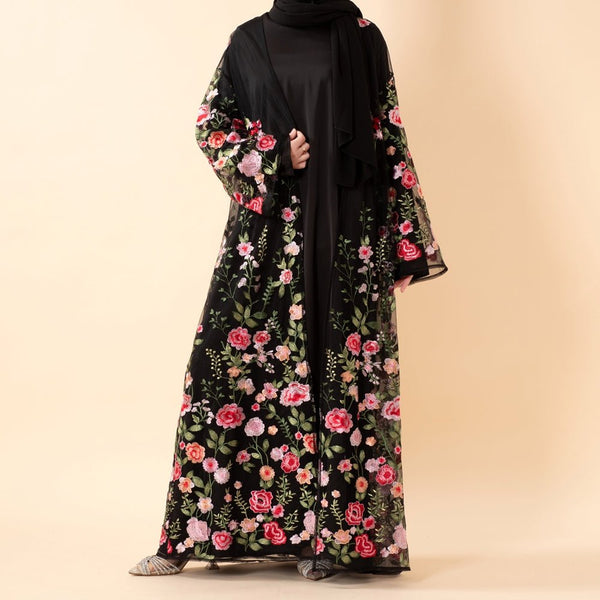 3D - Style Rose Garden Embroidered Open Abaya | Pre Order (MOA275) - Mariam's Collection