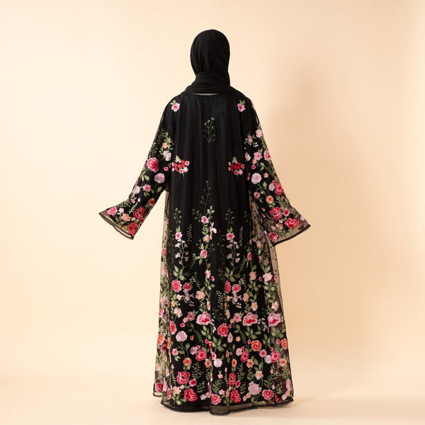 3D - Style Rose Garden Embroidered Open Abaya | Pre Order (MOA275) - Mariam's Collection