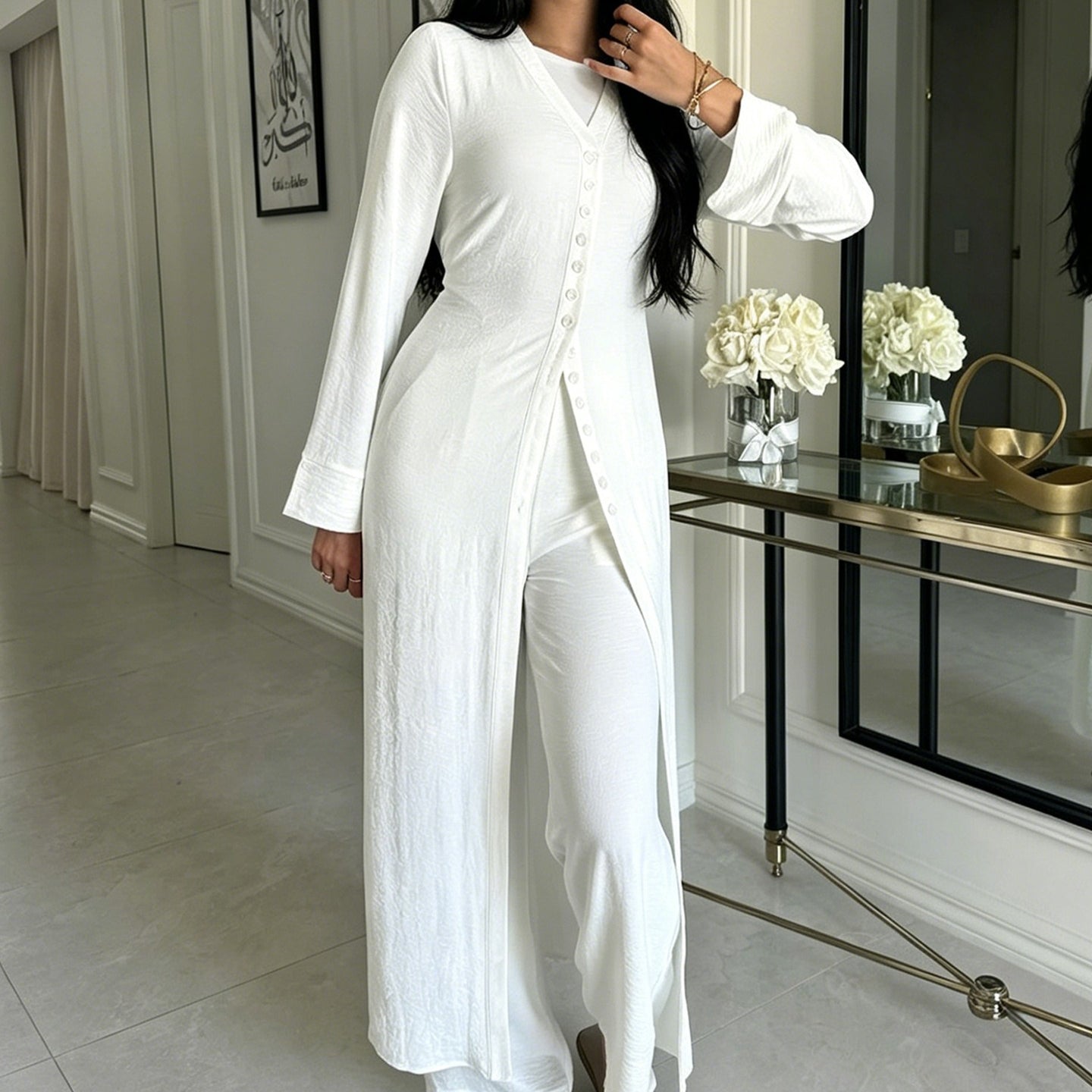 V-Neck Button-Through Longline Cardigan & Wide-Leg Trouser Set(MS470)