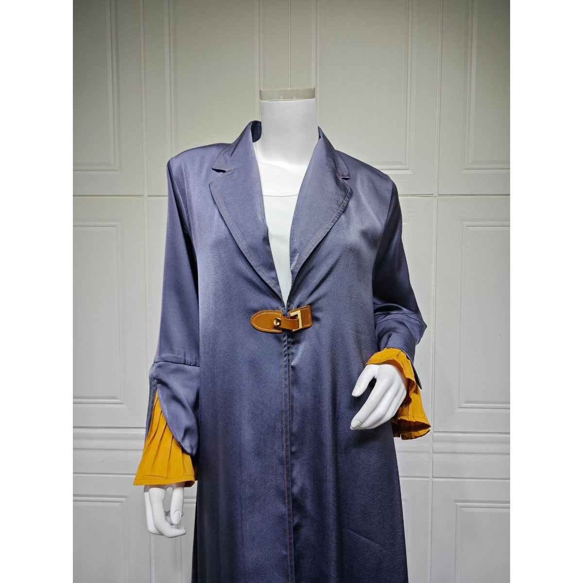 Luxe Suede Robe Dress | Navy Blue  Maxi with Gold Accents & Bell Sleeves(MOA200)