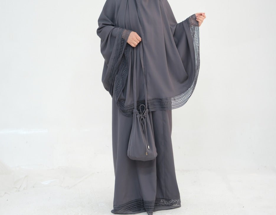 4-Piece Nida Prayer Set with Lace Trim – Umrah Prayer Abaya