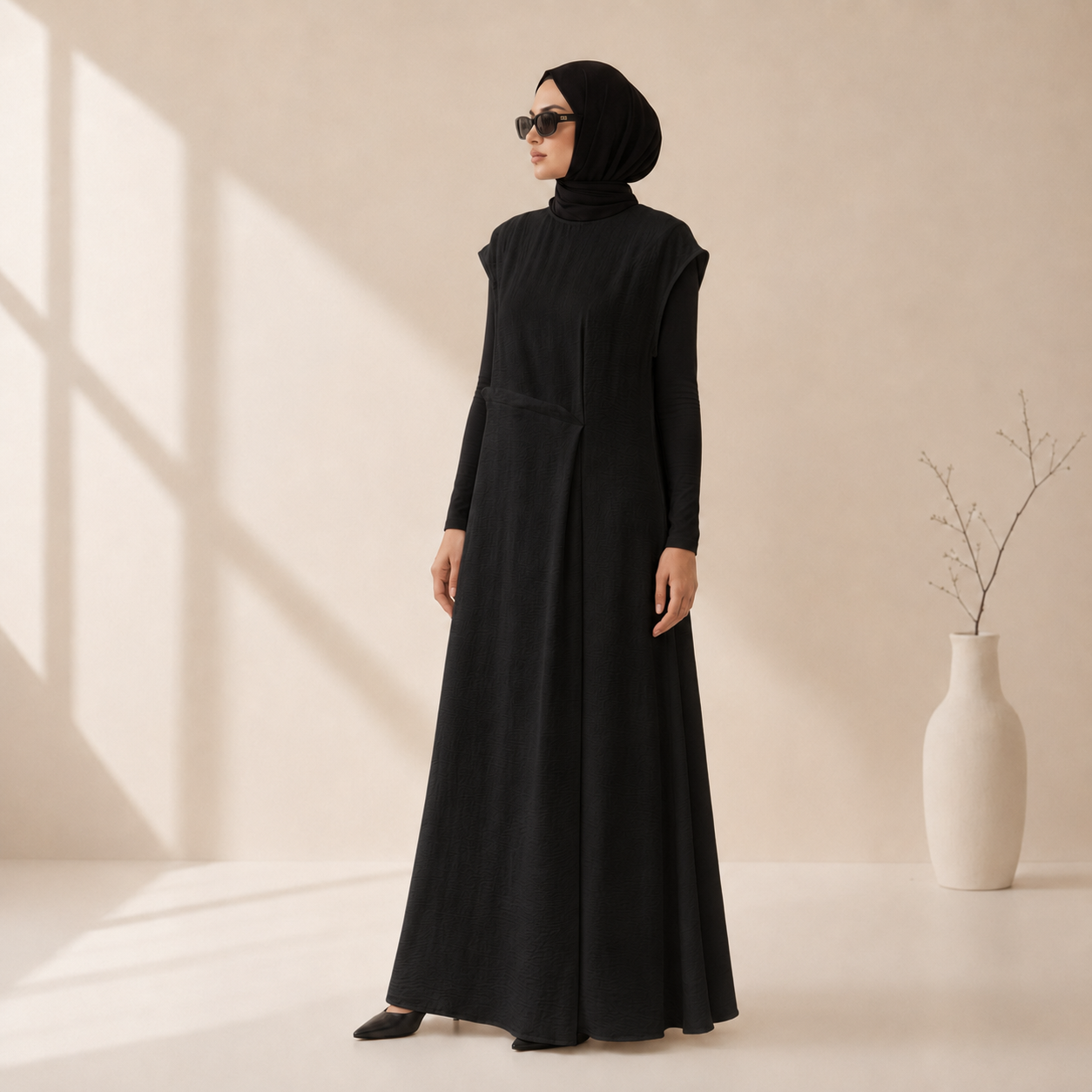 Textured Crepe Cap Shoulder Maxi Dress with Waist Pleat & Back Zip (MS436)(MS436)