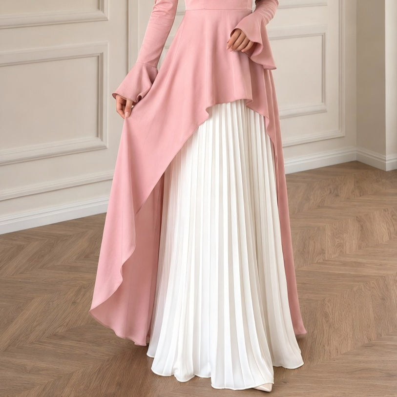 Pink & Ivory Peplum Pleated Maxi Dress(MS512)