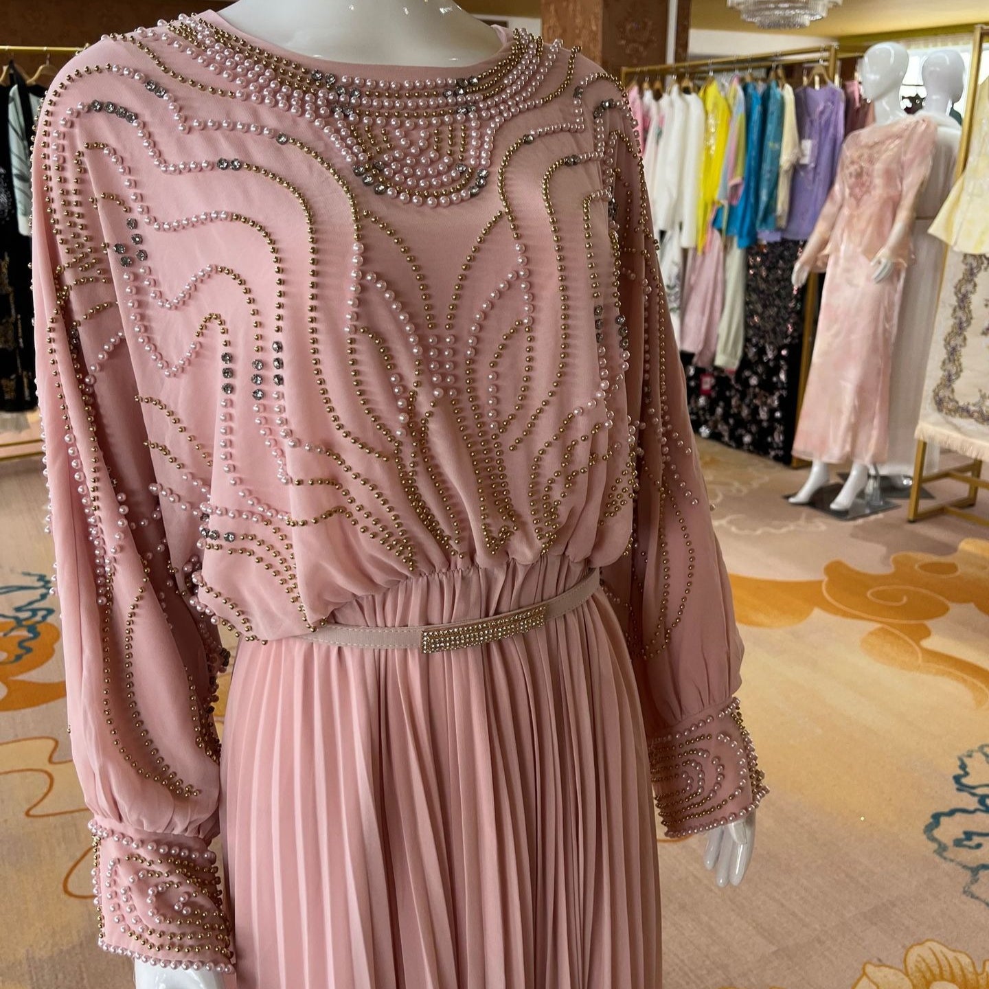 Handbeaded Pearl & Crystal Batwing Maxi Dress(MS529)
