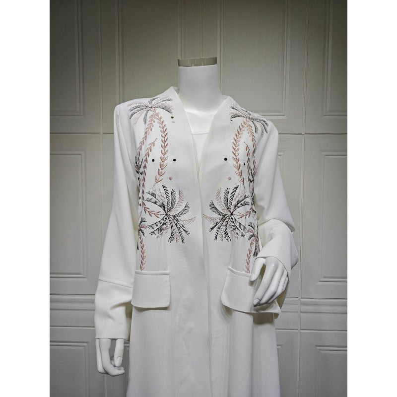 Ice Silk Crinkle Fabric  Embroidered V-Neck Abaya(MOA234)