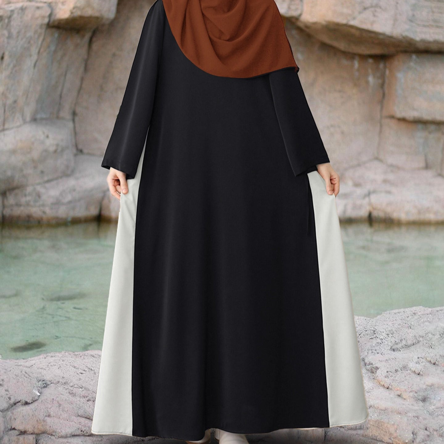 Colorblock Side-Tie Abaya | Two-Tone Round Neck Maxi Dress(MA362)