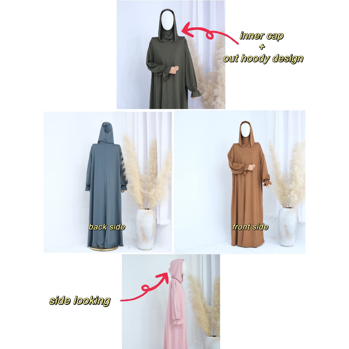 Modest Casual Hooded Abaya Collection | Tone Robes with Bubble Sleeves (MJ021)