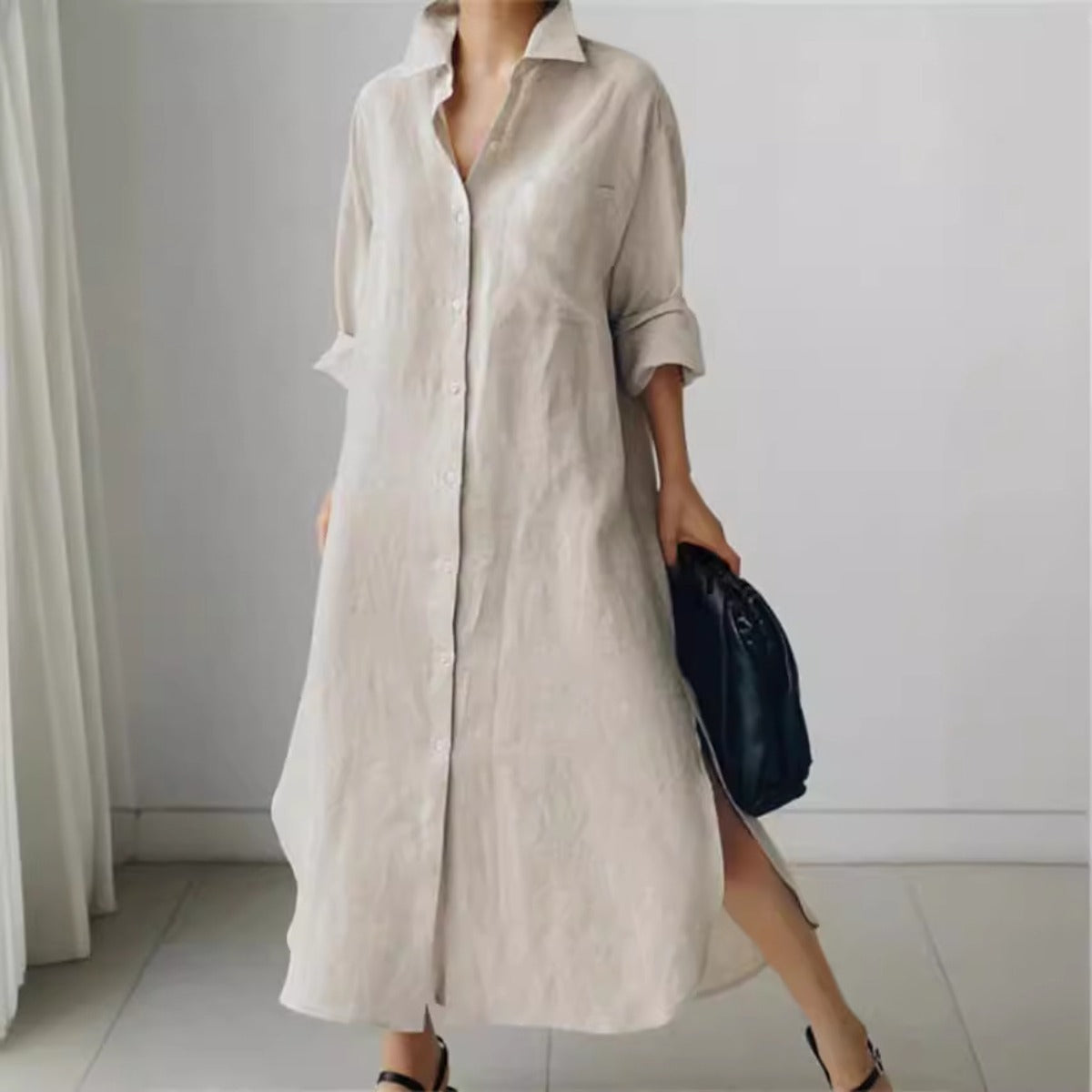 Muslim Casual Elegance Linen-Blend Shirt Dress | Modest Maxi with Button Front & Side Slits. (MS096)