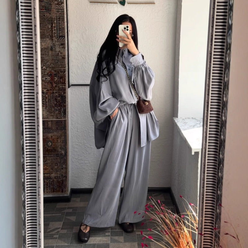 Autumn Winter Loose Fit Two-Piece Set | Stand Collar Shirt & Wide Leg Pants(MS128)