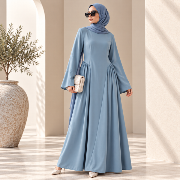 Nida Flared Maxi Dress mit plissiertem A-Linien-Rock & breiten Glockärmeln (MS435)