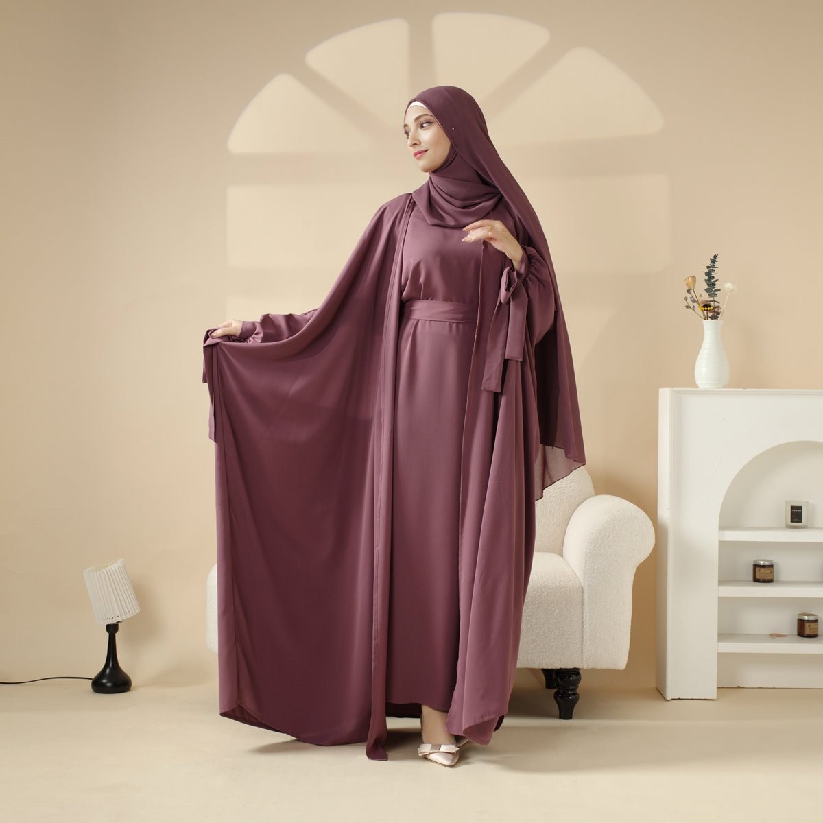 5 - Piece Set Farasha Abaya, Premium Farasha Textured Open Abaya (MOA095) - Mariam's Collection