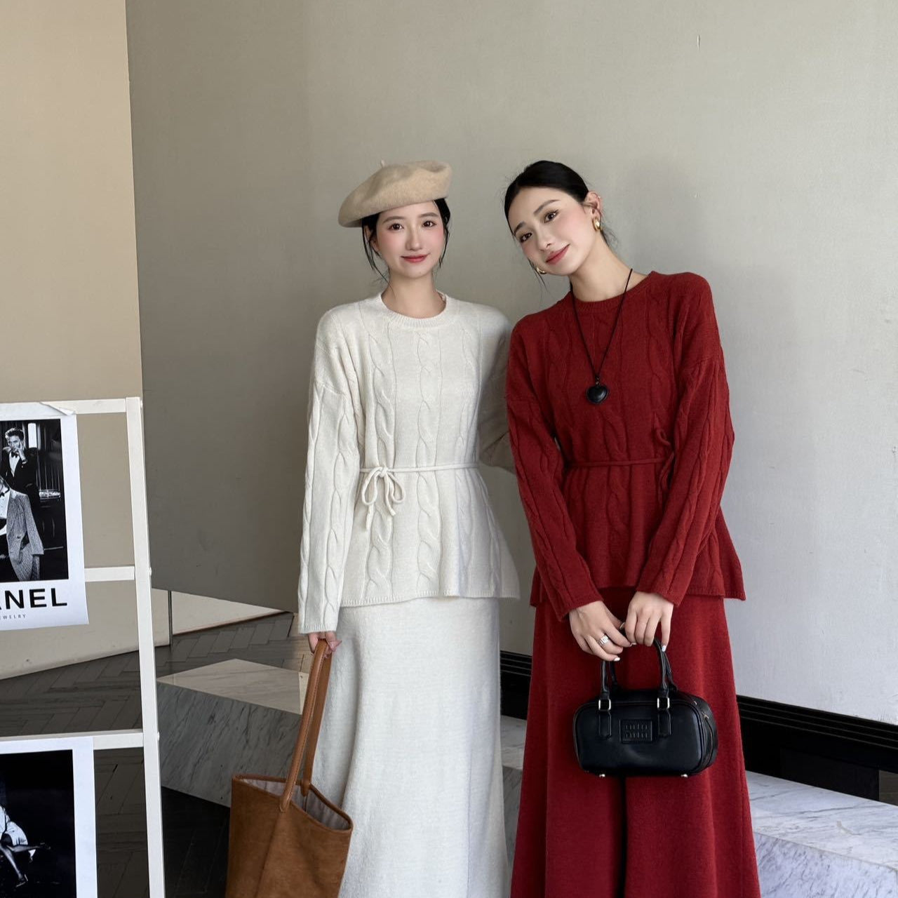 Autumn Winter Cable Knit Two-Piece Set | Round Neck Tie-Waist Sweater & Loose Skirt(MS133)