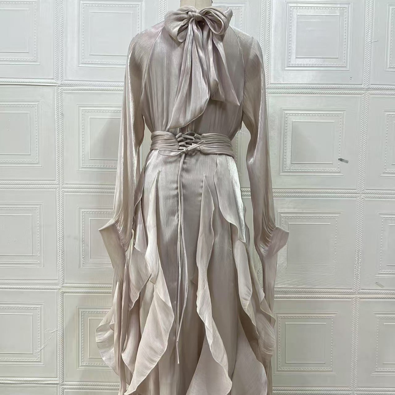 Cascading Ruffle Gown | High Neck Tie-Waist Maxi Dress(MS231)