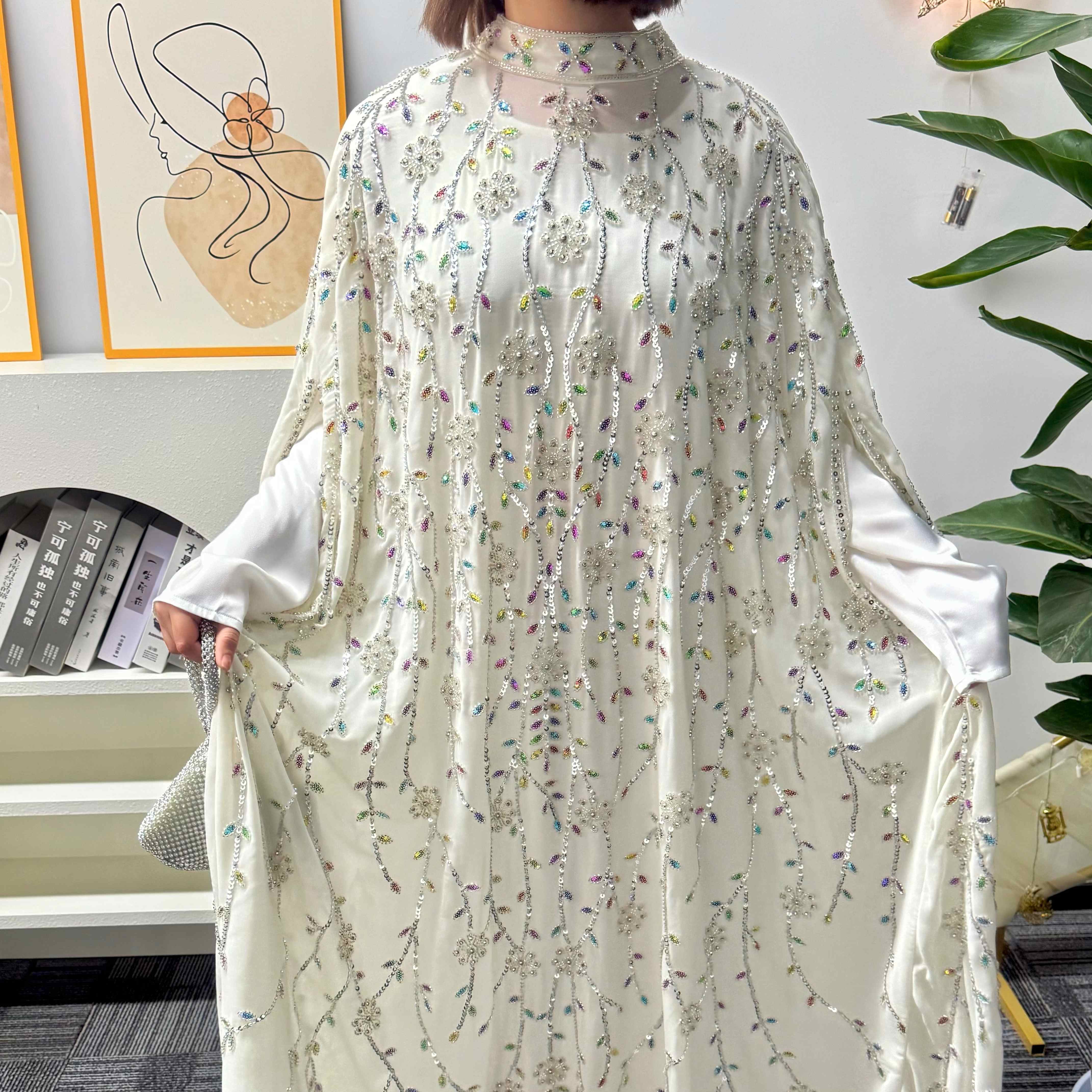 Luxury Crystal Embellished Cape Abaya Set with Modal Long-Sleeve Inner Dress(MA390)