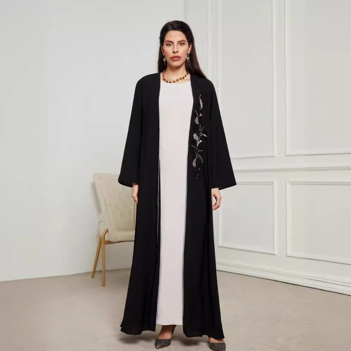 Black & Silver Embroidered Open Front Robe - Modest Elegant Abaya(MOA216)
