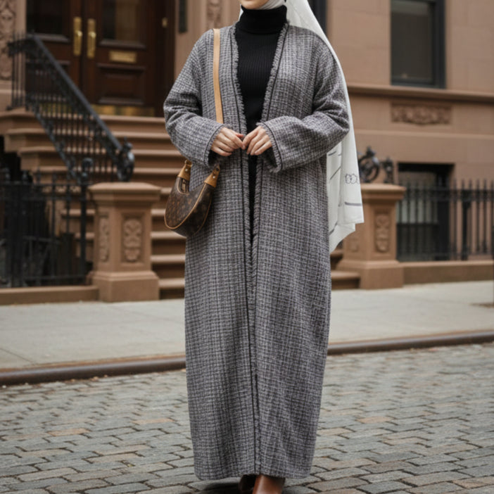 Plaid Tweed Open Abaya Coat with Fringe Details (MOA104)