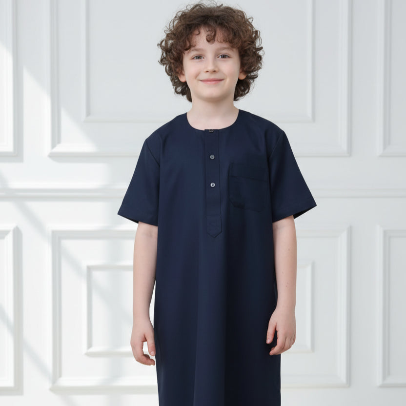 Boys Navy Short Sleeve Thobe with Chest Pocket(MKB022)
