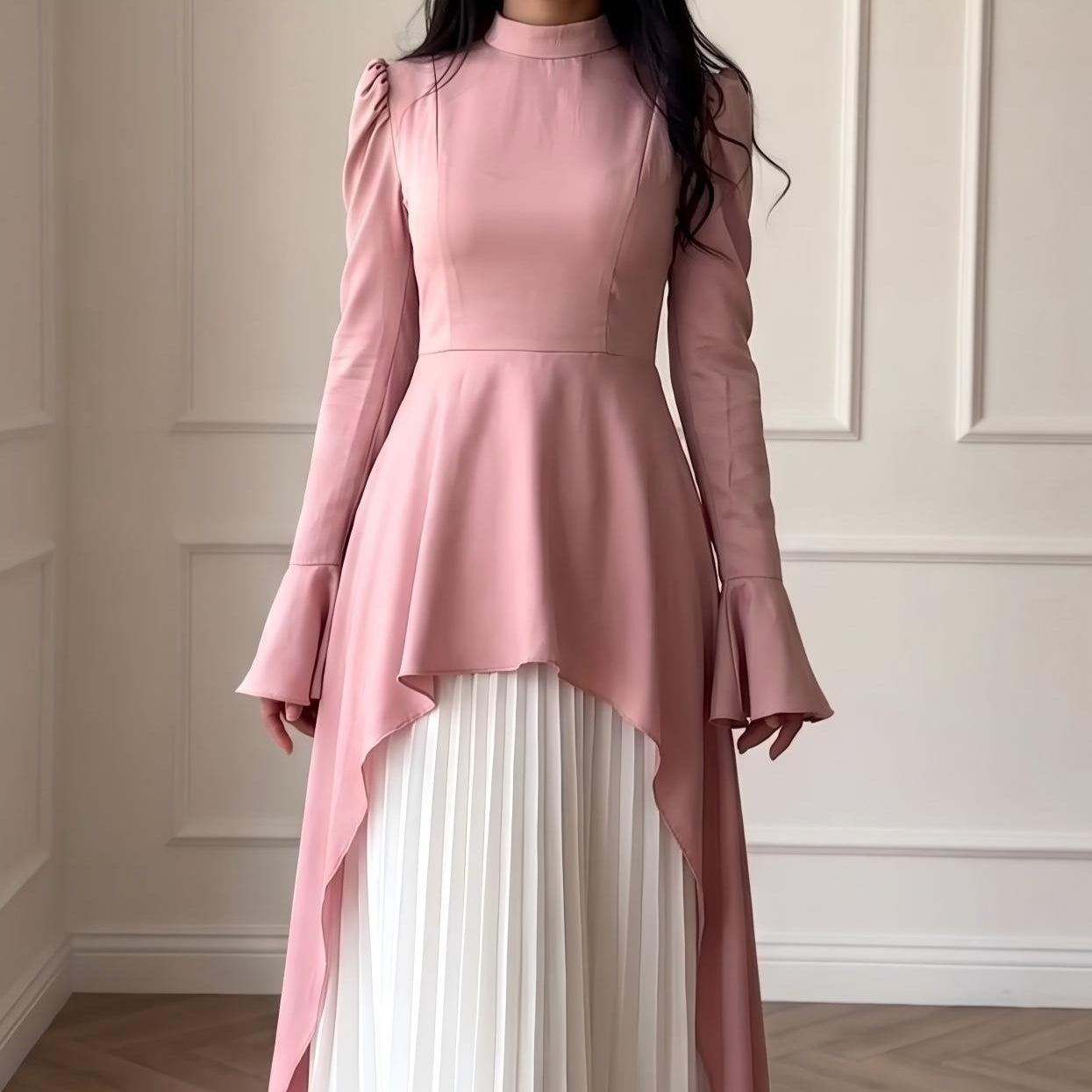 Pink & Ivory Peplum Pleated Maxi Dress(MS512)