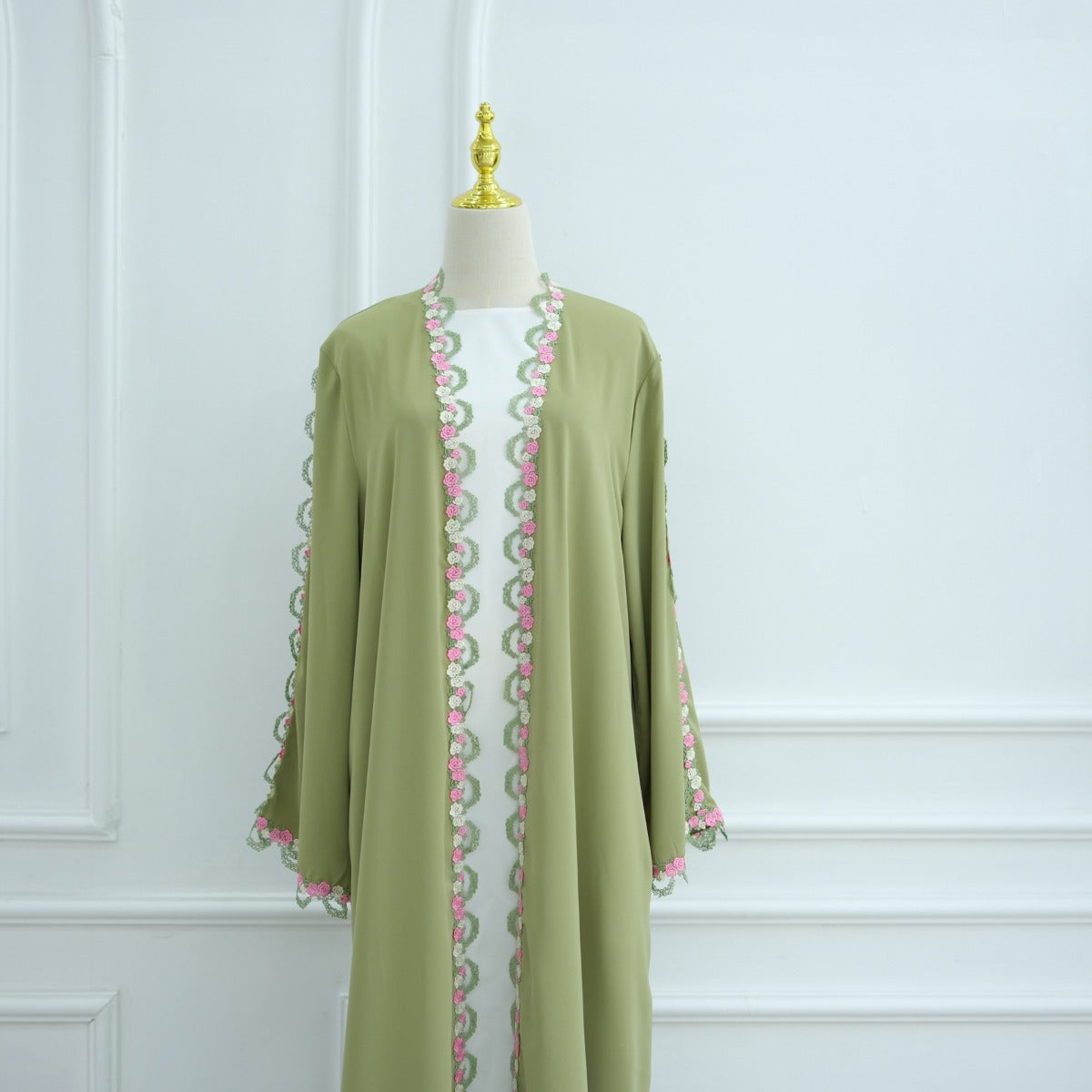 Muslim Women's Luxury Floral Embroidered Cardigan | Olive Green Modest Cover-Up with Pink/White Blossoms (MOA197)
