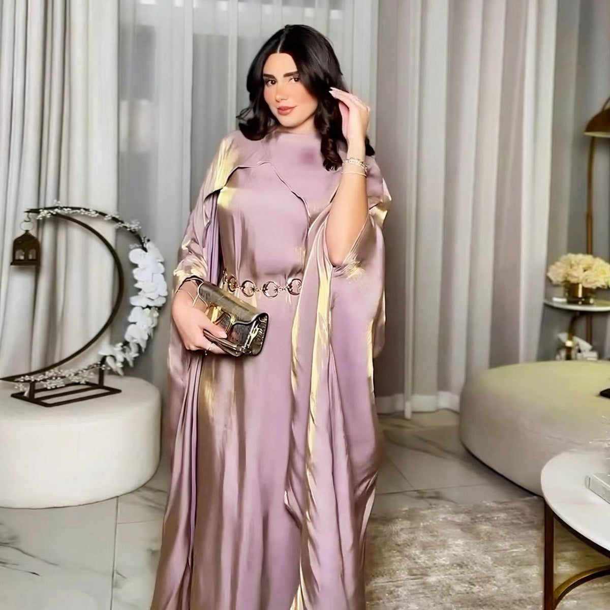 Luminous Beaded Abaya Collection | Luxury Solid Color Bell Sleeve Evening Wear Robes (MOA196)