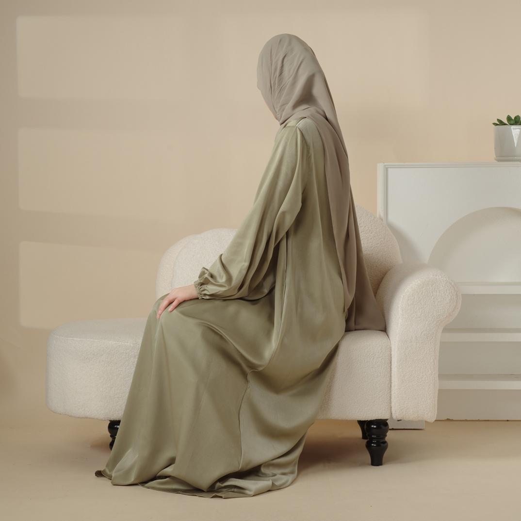 Puff Sleeve Satin Abaya with Pockets 2-Piece Set (MA031)