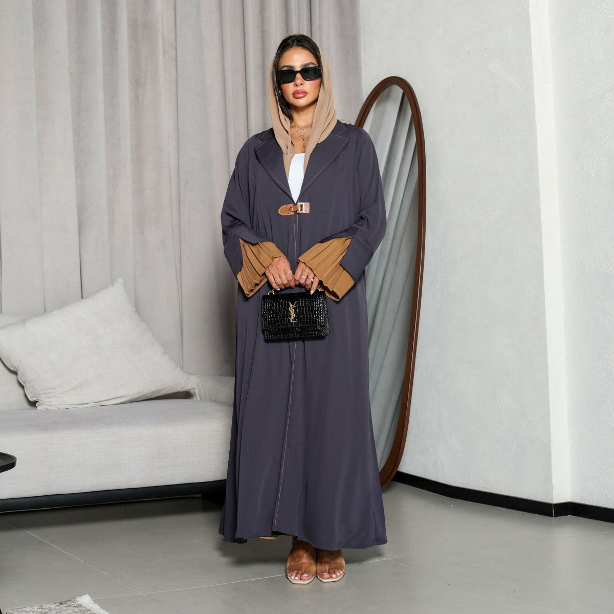 Luxe Suede Robe Dress | Navy Blue  Maxi with Gold Accents & Bell Sleeves(MOA200)