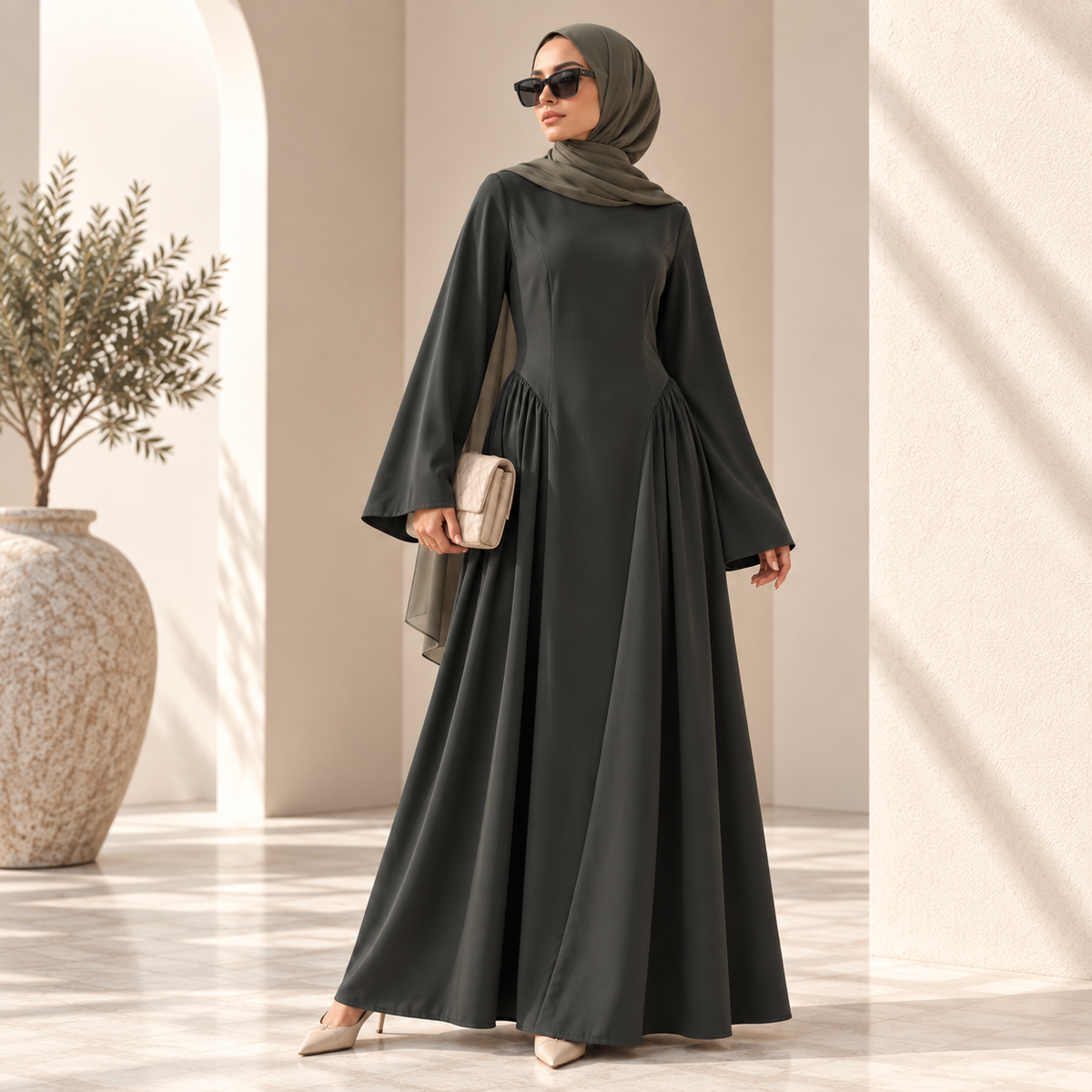 Nida Bell Sleeve Abaya Dress – Pleated A-Line Nida Abaya