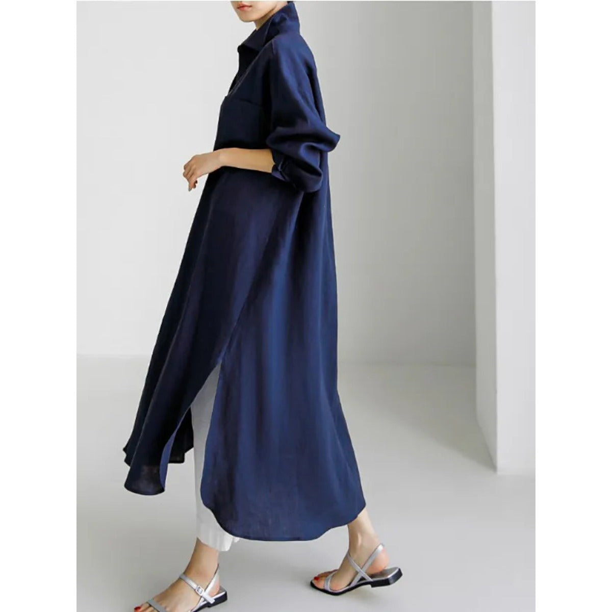 Muslim Casual Elegance Linen-Blend Shirt Dress | Modest Maxi with Button Front & Side Slits. (MS096)