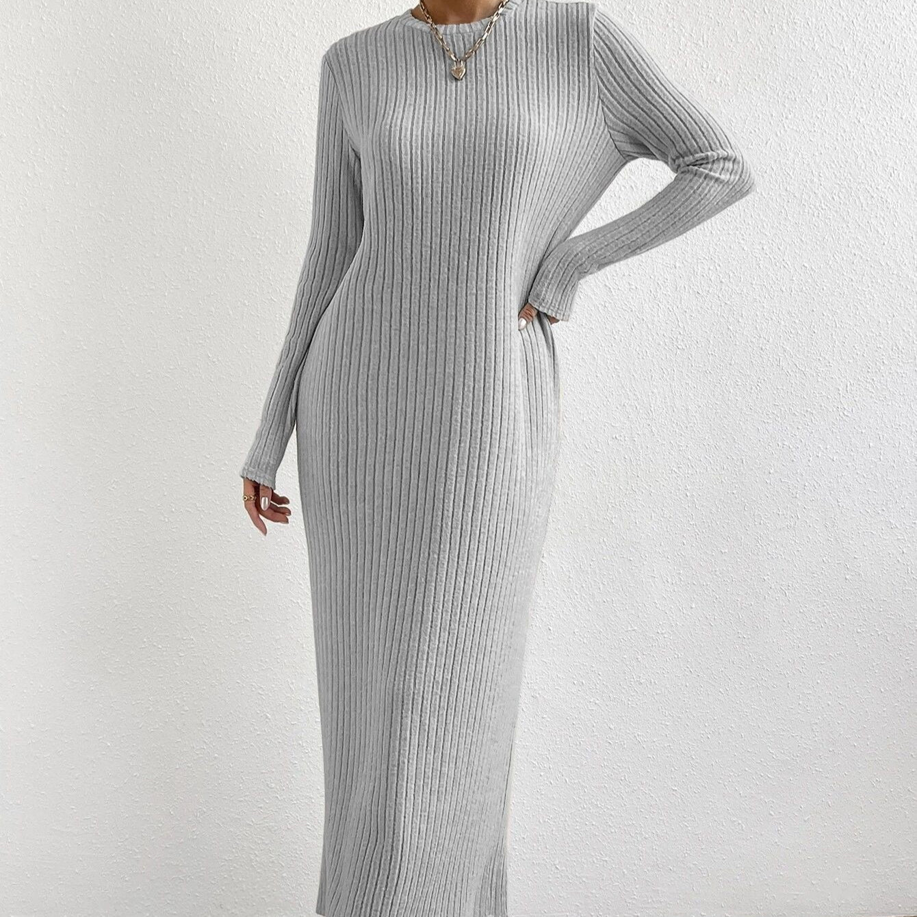 Ribbed Knit Maxi Dress | Long Sleeve Casual Sweater Dress(MS226)