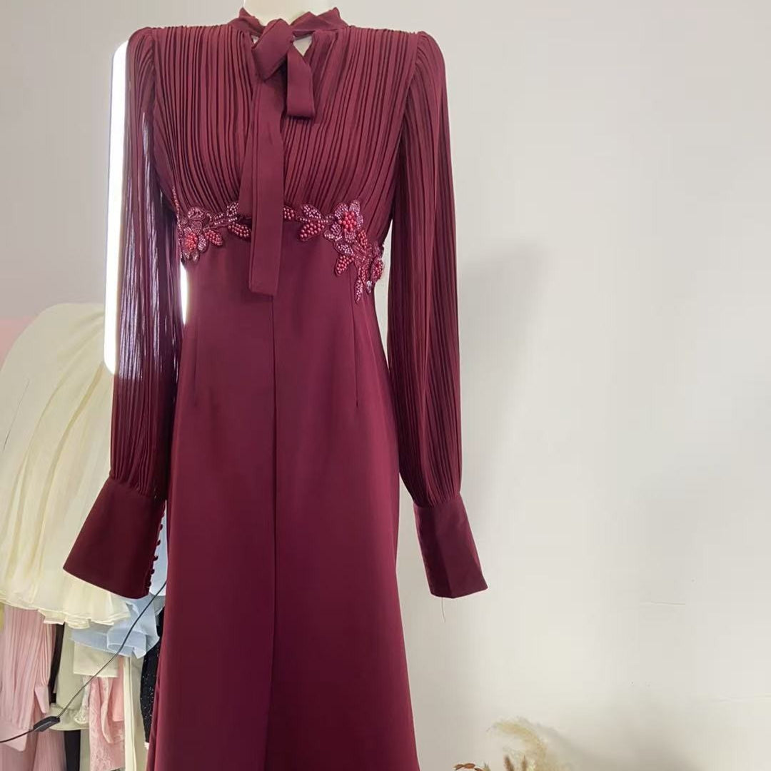 French-Style Pleated Bodice Dress with Bow-Neck(MS309)