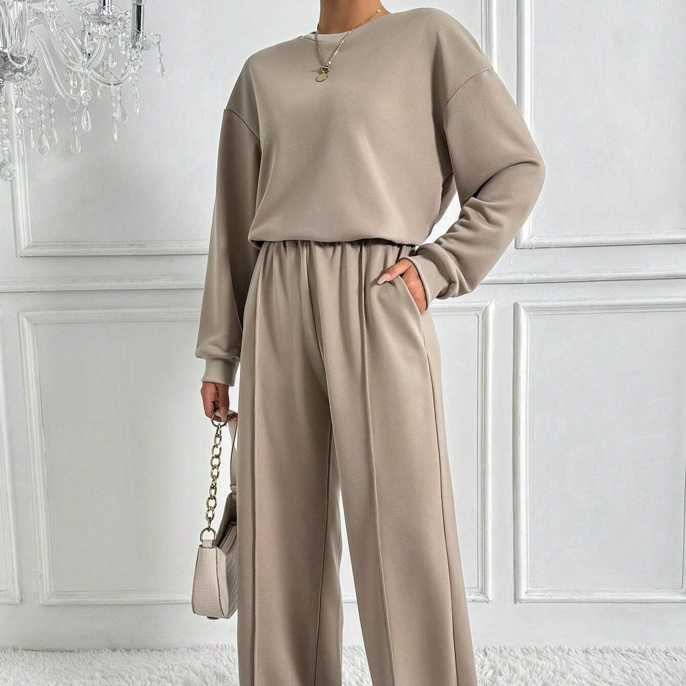 Drop Shoulder Sweatshirt & Wide-Leg Trouser Co-ord Set(MS528)