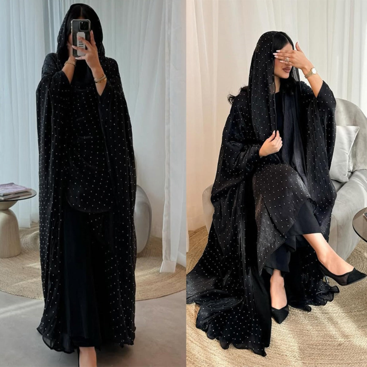 Luxury Muslim Starlight Evening Wear Abaya Set | Midnight Blue Diamond-Embellished Robe Jacket with Matching Hijab(MOA201)