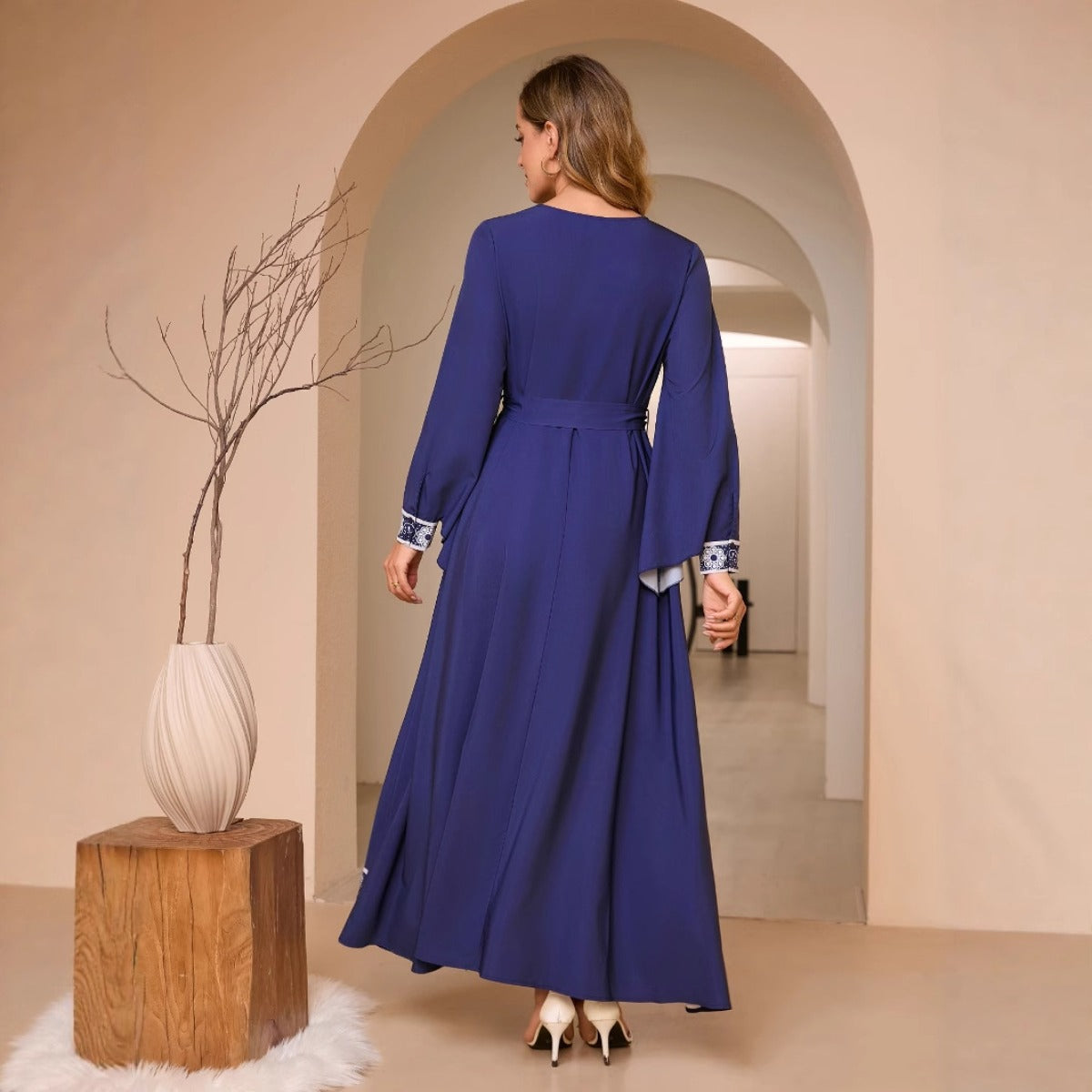 Navy Blue Digital Print Flared Sleeve Dress - Modest Elegant Robe with Lace-Up Detail & Embroidery(MA284)