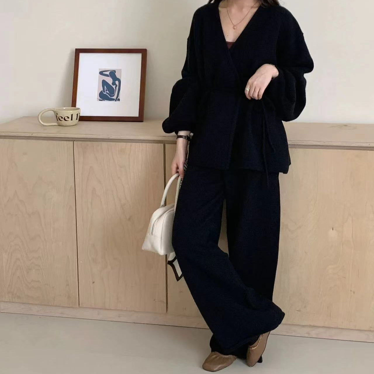 Ribbed Knit Wrap Top & Wide-Leg Trouser Two-Piece Set(MS531)