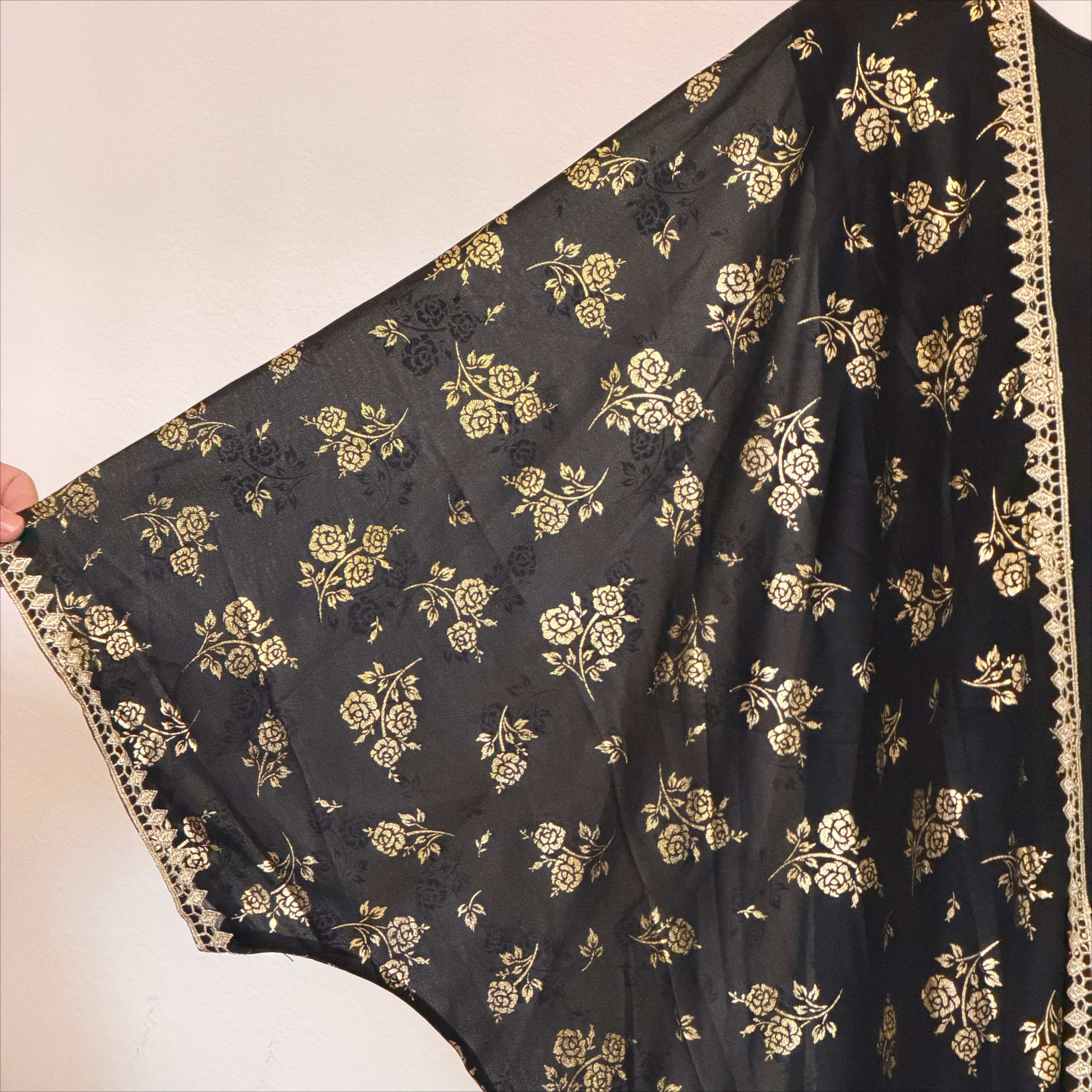 Archive Piece Gold Rose Print Lace-Trim Open Abaya Set - MP053 (Size L Only)