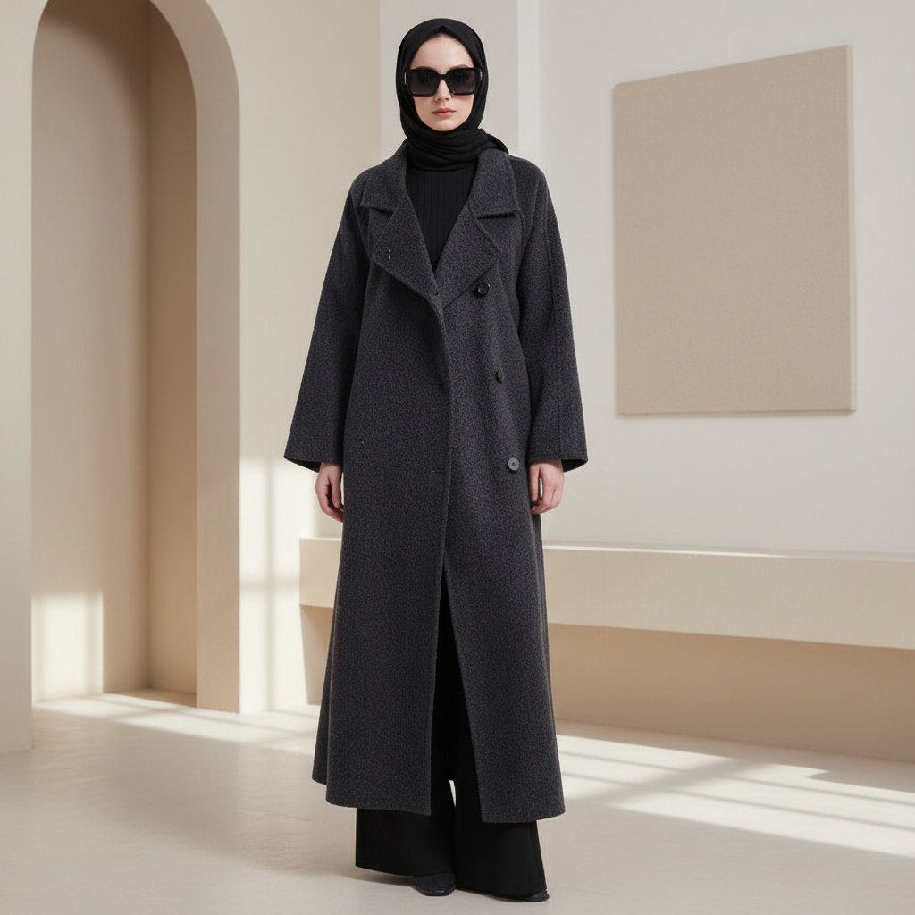 Long Wool Blend Trench Coat Abaya | Double-Breasted Belted Overcoat(MS188)
