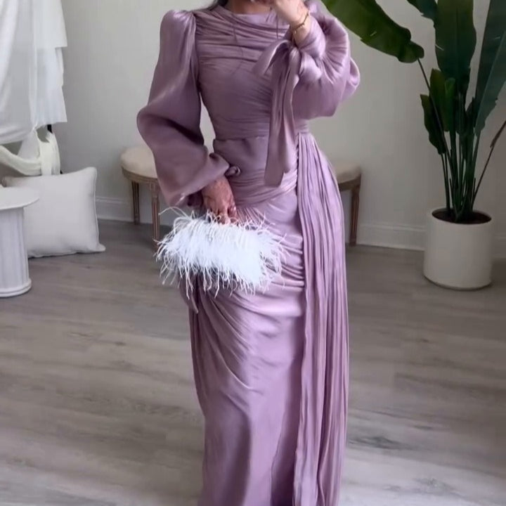 Ruched Evening Dress | Puff Sleeve Bodycon Maxi Dress(MS280)