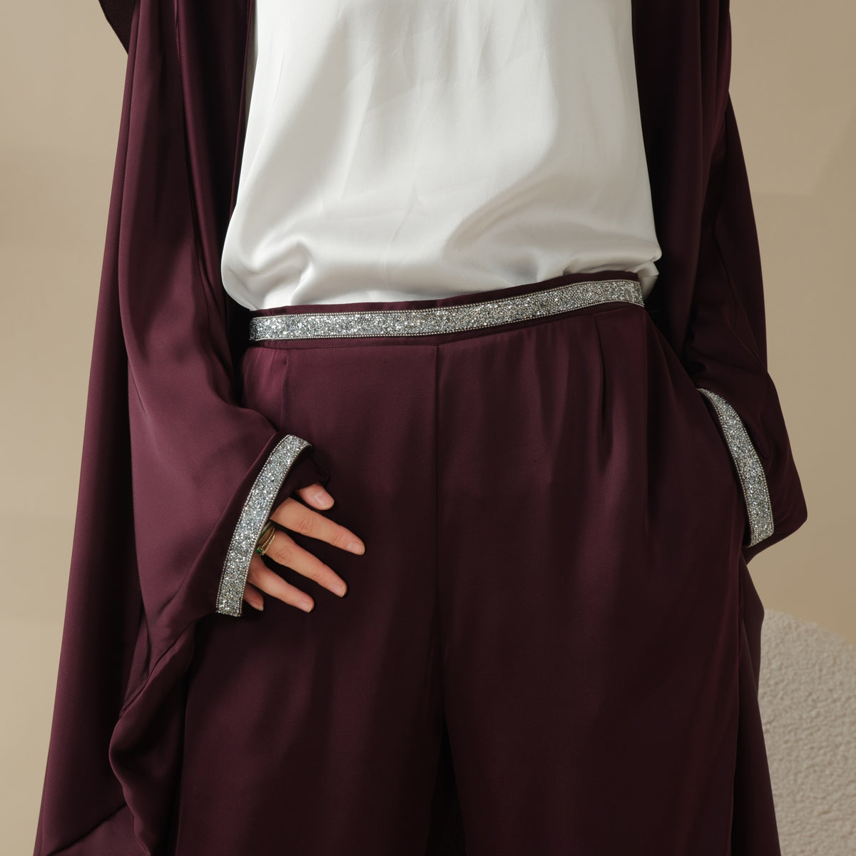 Archive Piece Abaya With Satin Shirt And Rhinestone Trousers - MP002 (Size M Only)