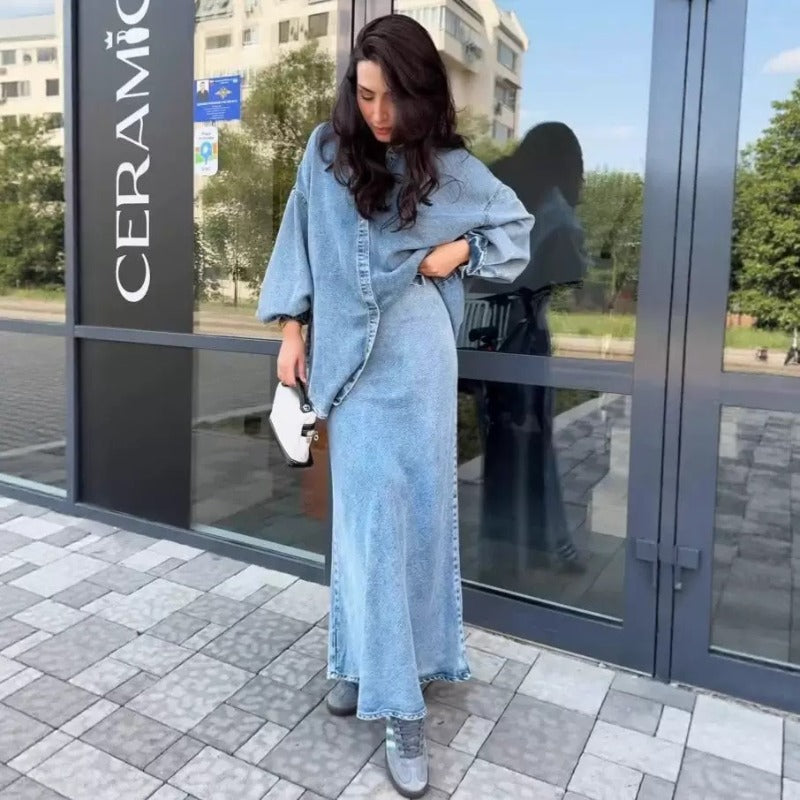 Casual Loose Denim Shirt & Skirt Set | Professional Commuter Two-Piece Outfit(MS132)